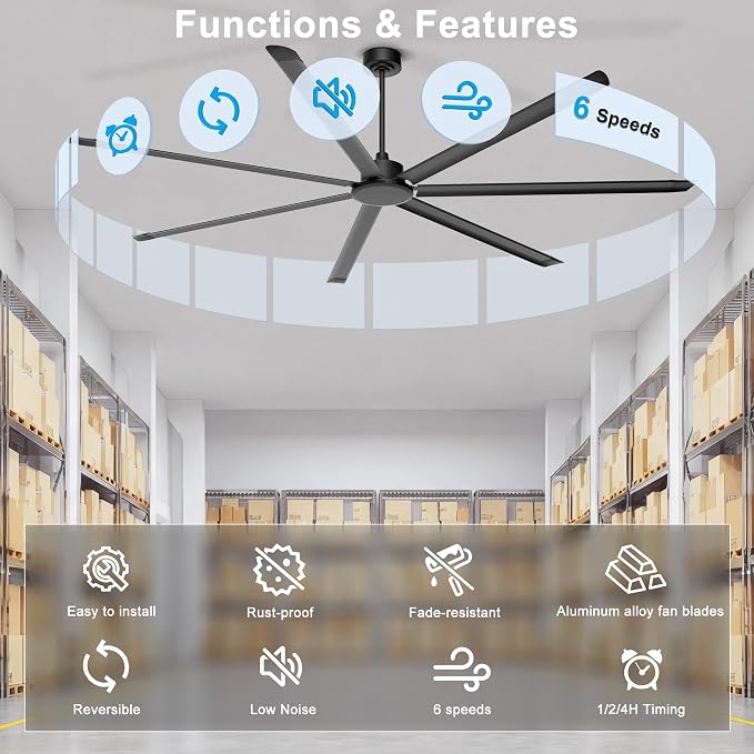 108'' Ceiling Fan No Light, Black Industrial Ceiling Fan with Remote/APP, 7 Aluminum Blades, 20000 CFM DC Motor for Gym