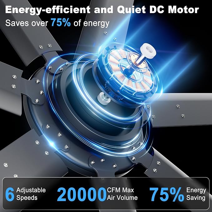 108'' Ceiling Fan No Light, Black Industrial Ceiling Fan with Remote/APP, 7 Aluminum Blades, 20000 CFM DC Motor for Gym