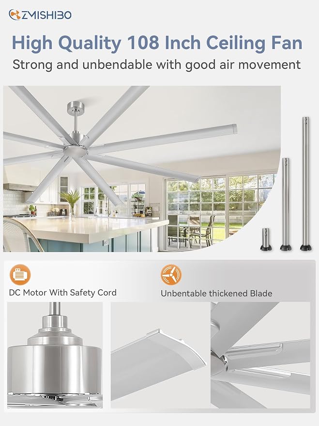 108 Inch Large Ceiling Fans with Remote, High Volume(HVLS) Industrial Ceiling Fan with Reversible DC Motor, 8 Blades, 3