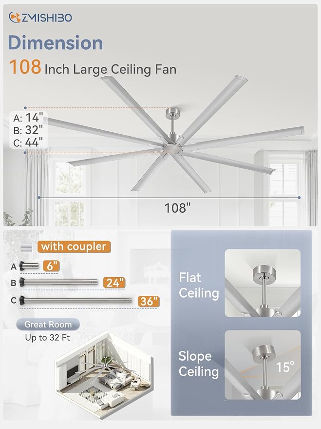 108 Inch Large Ceiling Fans with Remote, High Volume(HVLS) Industrial Ceiling Fan with Reversible DC Motor, 8 Blades, 3