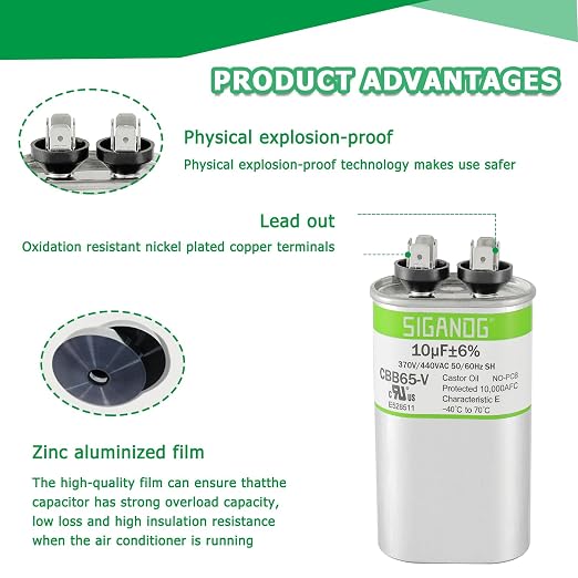 10uF 10 MFD 370V or 450V CBB65 Run Start Capacitor 10 uF 370 450 Volt VAC for Condenser Straight Cool or Heat Pump Air