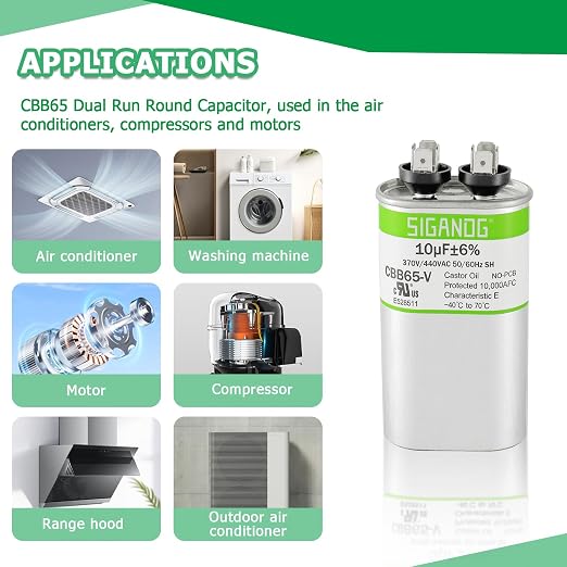 10uF 10 MFD 370V or 450V CBB65 Run Start Capacitor 10 uF 370 450 Volt VAC for Condenser Straight Cool or Heat Pump Air