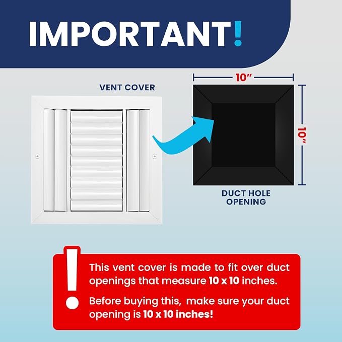 10x10 Inch (Duct Opening) Aluminum 3-Way Air Flow Vent – HVAC Vent Cover for Wall or Ceiling – Quiet HVAC Wall, alternate