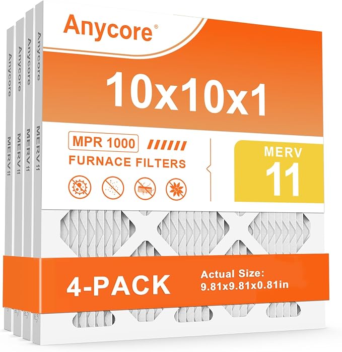 10x10x1 Air Filter 4 Pack MERV 11 HVAC AC Furnace Pleated Filters for Home Office MPR 1000 FPR 7 (Actual Size: 9.81x9.81x0.81