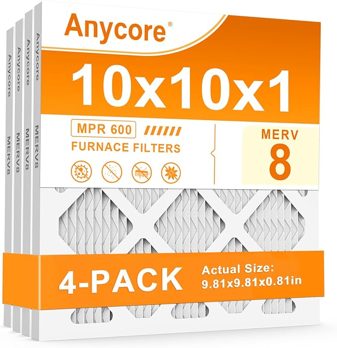 10x10x1 Air Filter 4 Pack MERV 8 HVAC AC Furnace Pleated Air Filters for Home Office MPR 600 FPR 5 (Actual Size