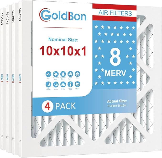 10x10x1 Air Filter 4 Pack MERV 8 MPR 700 FPR 5- AC Filter USA Design- Electrostatic Pleated Air Conditioner HVAC