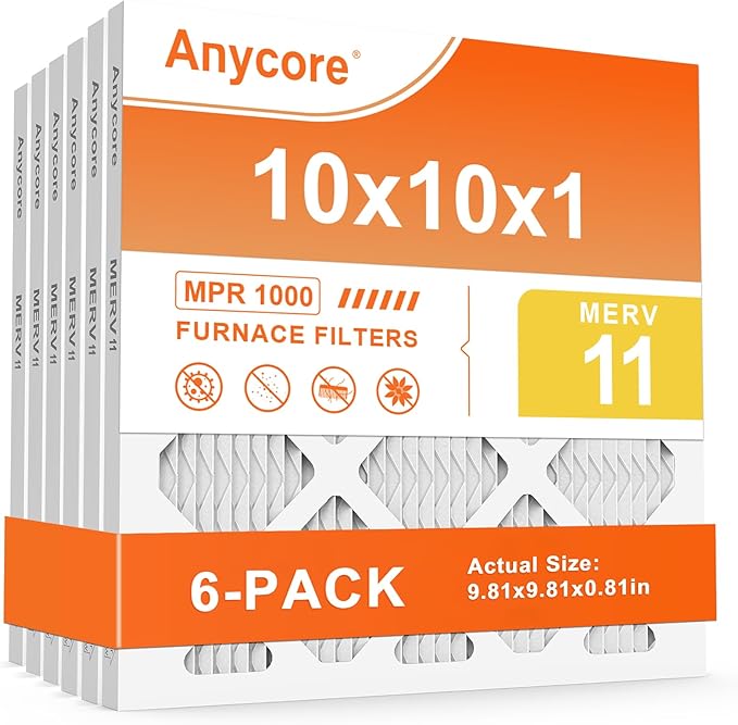 10x10x1 Air Filter 6 Pack MERV 11 AC Furnace HVAC Pleated Filters for Home Office MPR 1000 FPR 7 (Actual Size: 9.81x9.81x0.81