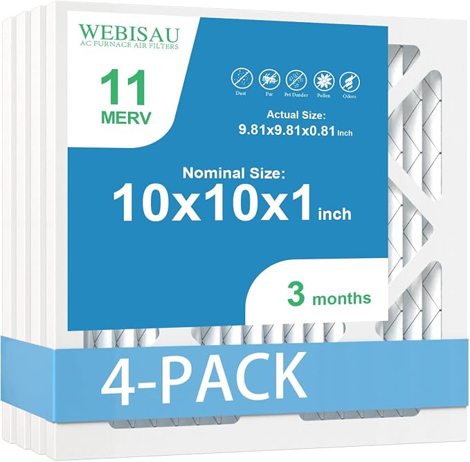 10x10x1 Air Filter MERV 11 MPR 1000 Furnace Filters Pleated HVAC AC Furnace Air Filters,Air Conditioner Filters 4Pack (Actual