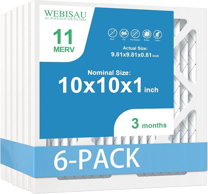 10x10x1 Air Filter MERV 11 MPR 1000 Furnace Filters Pleated HVAC AC Furnace Air Filters,Air Conditioner Filters 6Pack (Actual