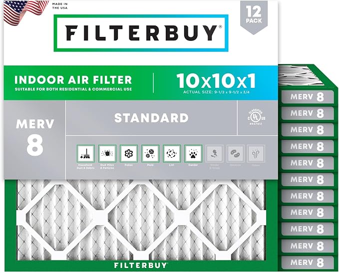 10x10x1 Air Filter MERV 8 Essential Dust & Allergy Defense (12-Pack), Electrostatic Pleated HVAC AC Furnace