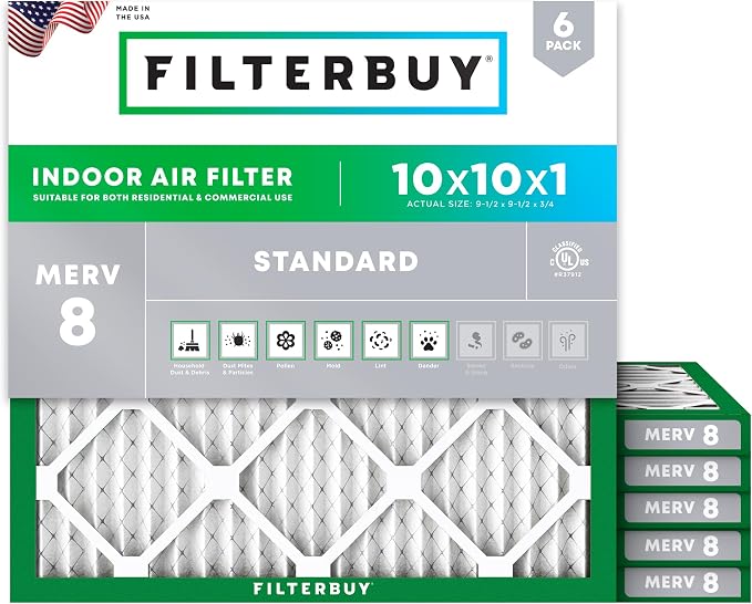 10x10x1 Air Filter MERV 8 Essential Dust & Allergy Defense (6-Pack), Electrostatic Pleated HVAC AC Furnace