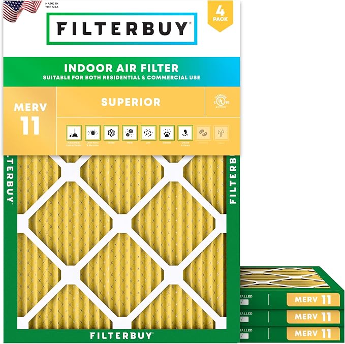 10x16x1 Air Filter MERV 11 Superior Pet & Allergy Defense (4-Pack), Electrostatic Pleated HVAC AC Furnace Filters Replacement