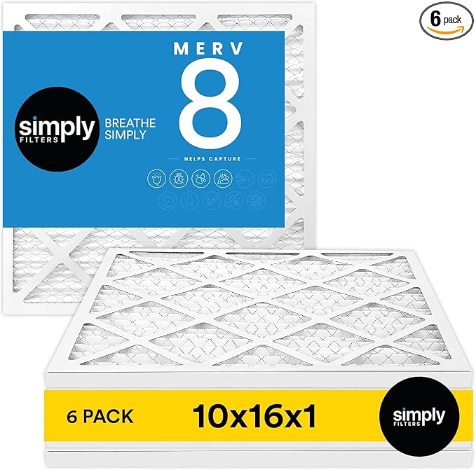 10x16x1 Air Filter, Merv 8, 6 Pack, For Home AC Furnace & HVAC (Actual Size: 9.75"x15.75"x0.75") DUST, Pet, & Allergy