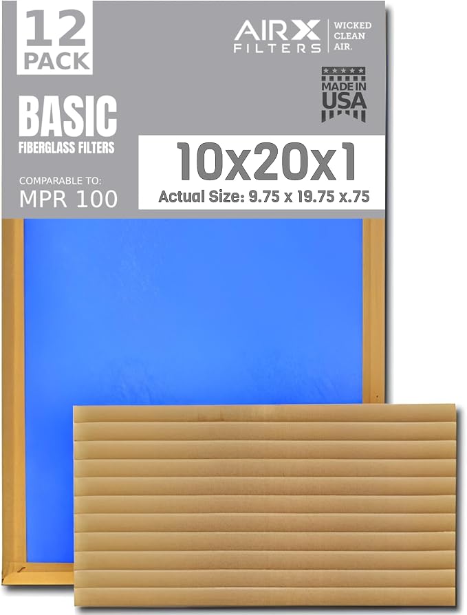 10x20x1 Air Filter Comparable to MPR 100 Basic Economy Furnace Filters, 12 Pack of Non Pleated Fiberglass Filter For Dust