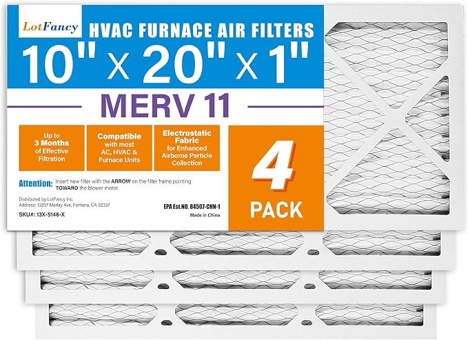10x20x1 Air Filter MERV 11 4-Pack, Electrostatic Pleated AC Furnace Air Filter, Captures Dust, Smog & Pet Dander, Actual