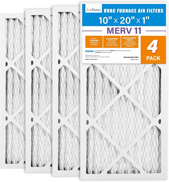 10x20x1 Air Filter MERV 11 4-Pack, Electrostatic Pleated AC Furnace Air Filter, Captures Dust, Smog & Pet Dander, Actual