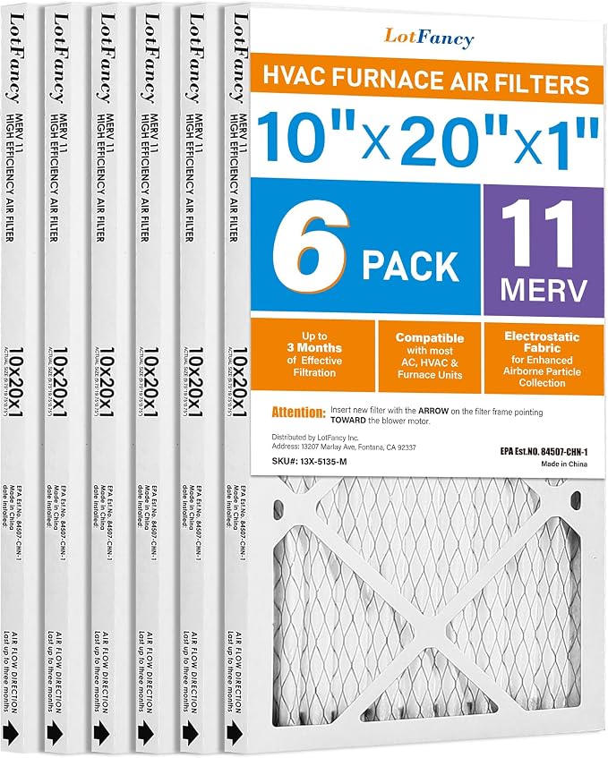 10x20x1 Air Filter MERV 11 6-Pack, Electrostatic Pleated AC Furnace Air Filter, Captures Dust, Smog & Pet