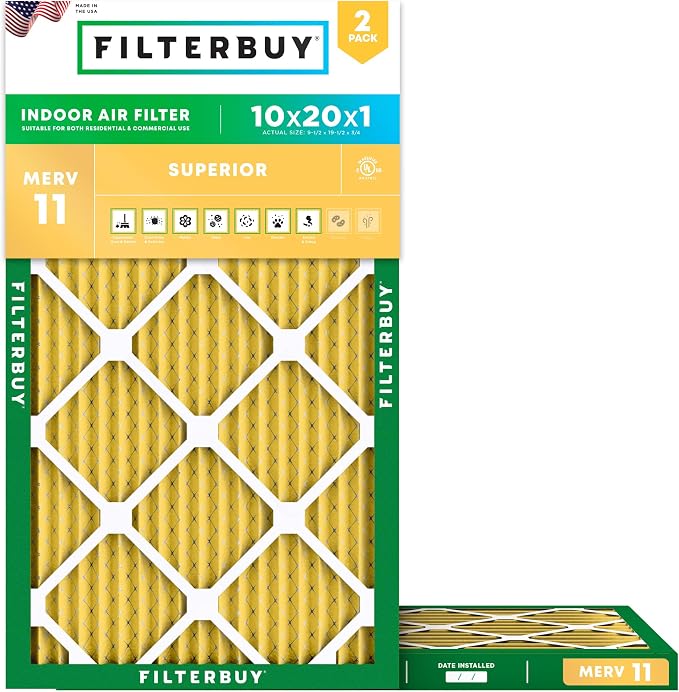 10x20x1 Air Filter MERV 11 Superior Pet & Allergy Defense (2-Pack), Electrostatic Pleated HVAC AC Furnace Filters
