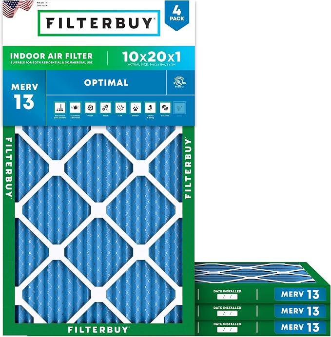 10x20x1 Air Filter MERV 13 Optimal Smoke & Allergy Defense (4-Pack), Electrostatic Pleated HVAC AC Furnace