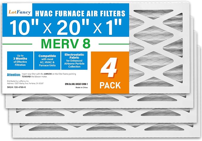 10x20x1 Air Filter MERV 8 4-Pack, Electrostatic Pleated Furnace & AC Filter, Captures Dust, Pet Hair, Pollen