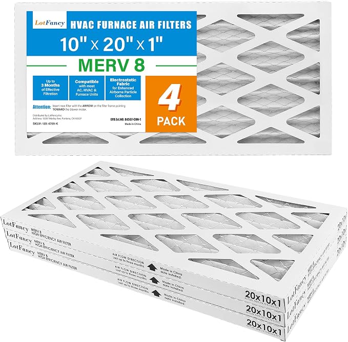 10x20x1 Air Filter MERV 8 4-Pack, Electrostatic Pleated Furnace & AC Filter, Captures Dust, Pet Hair, Pollen, alternate view