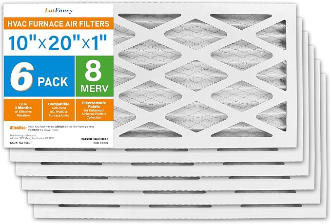 10x20x1 Air Filter MERV 8 6-Pack, Electrostatic Pleated Furnace & AC Filter, Captures Dust, Pet Hair, Pollen, Actual Size