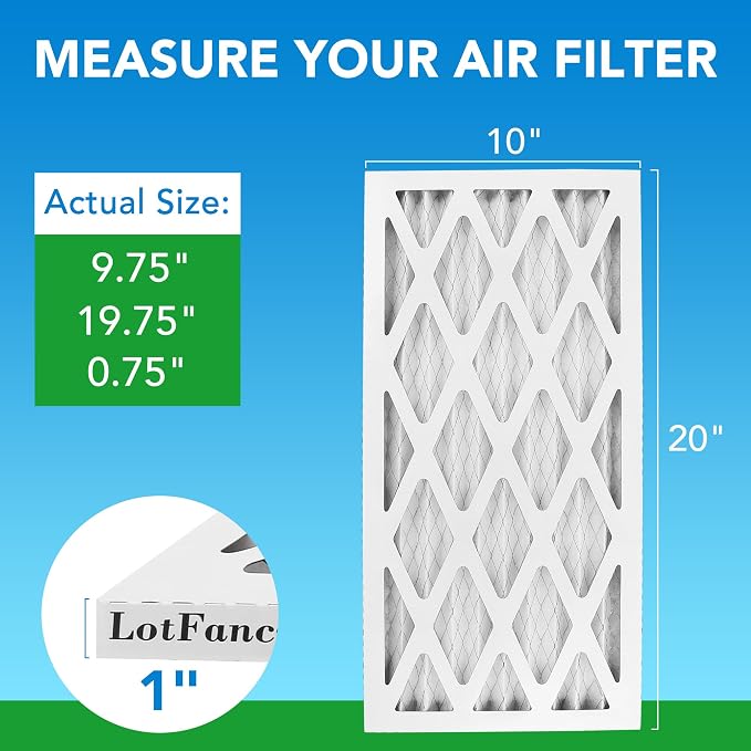 10x20x1 Air Filter MERV 8 6-Pack, Electrostatic Pleated Furnace & AC Filter, Captures Dust, Pet Hair, Pollen, Actual Size