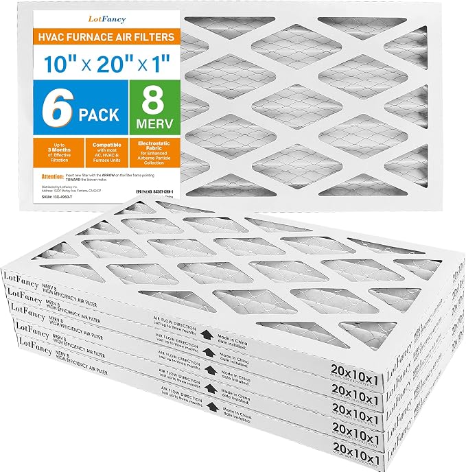 10x20x1 Air Filter MERV 8 6-Pack, Electrostatic Pleated Furnace & AC Filter, Captures Dust, Pet Hair, Pollen, Actual Size