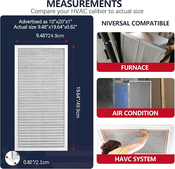 10x20x1 Electrostatic Air Filter, MERV 8 Reusable Aluminum AC/HVAC Furnace Filters, Washable Permanent Air Filter, Lasts a
