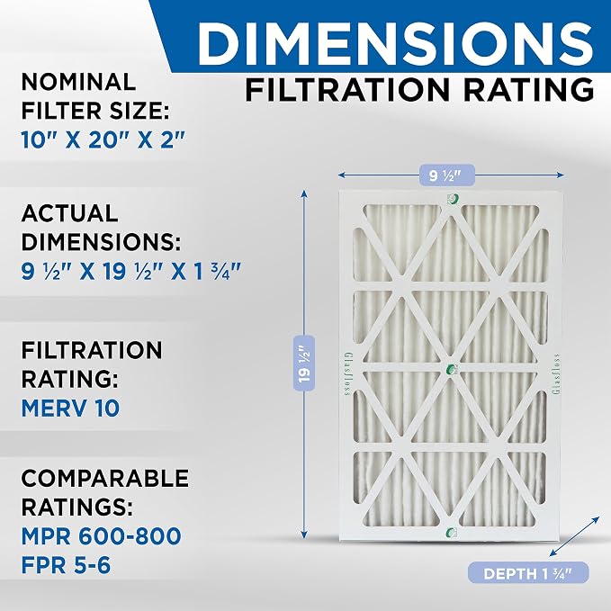 10x20x2 MERV 10 (FPR 5-6) 2" Inch Pleated Air Filters By. Box of 6. Actual Size: 9-1/2 x 19-1/2 x 1-3/4, alternate product
