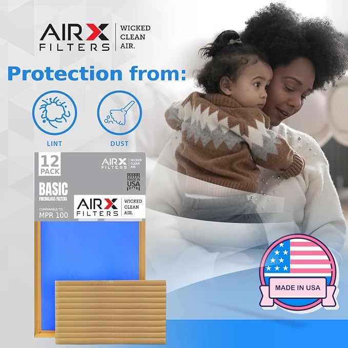 10x24x1 Air Filter Comparable to MPR 100 Basic Economy Furnace Filters, 12 Pack of Non Pleated Fiberglass Filter For Dust