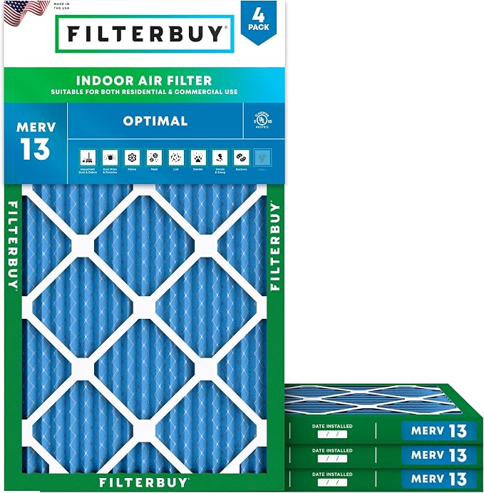 10x25x1 Air Filter MERV 13 Optimal Smoke & Allergy Defense (4-Pack), Electrostatic Pleated HVAC AC Furnace