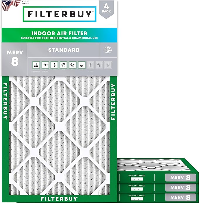 10x25x1 Air Filter MERV 8 Essential Dust & Allergy Defense (4-Pack), Electrostatic Pleated HVAC AC Furnace Filters
