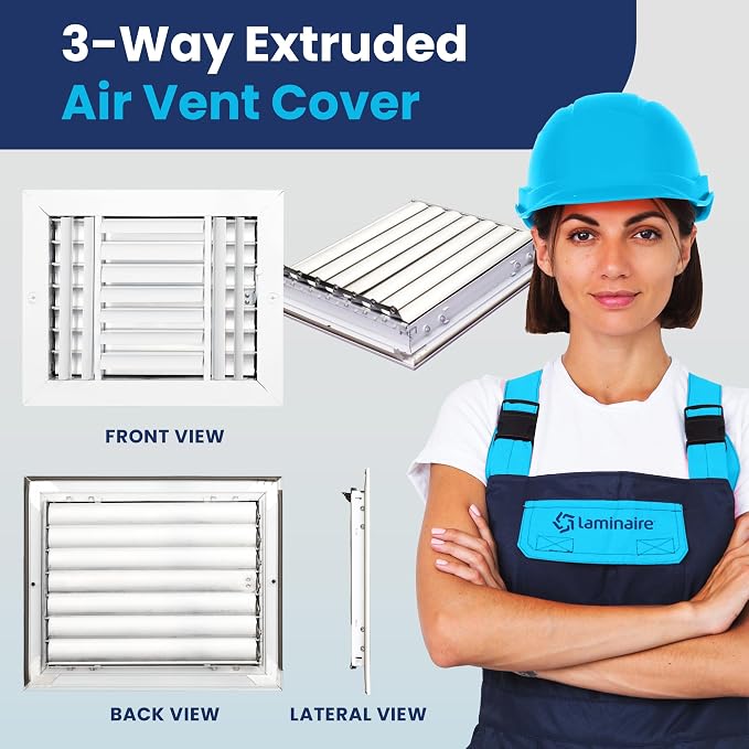 10x8 Inch (Duct Opening) Aluminum 3-Way Air Flow Vent – HVAC Vent Cover for Wall or Ceiling – Quiet HVAC Wall, alternate view