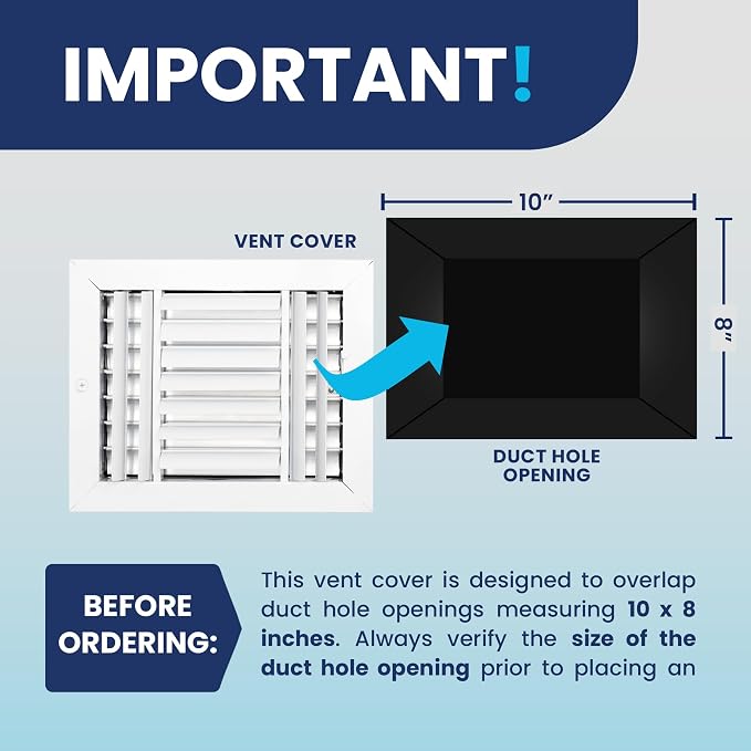 10x8 Inch (Duct Opening) Aluminum 3-Way Air Flow Vent – HVAC Vent Cover for Wall or Ceiling – Quiet HVAC Wall, alternate view