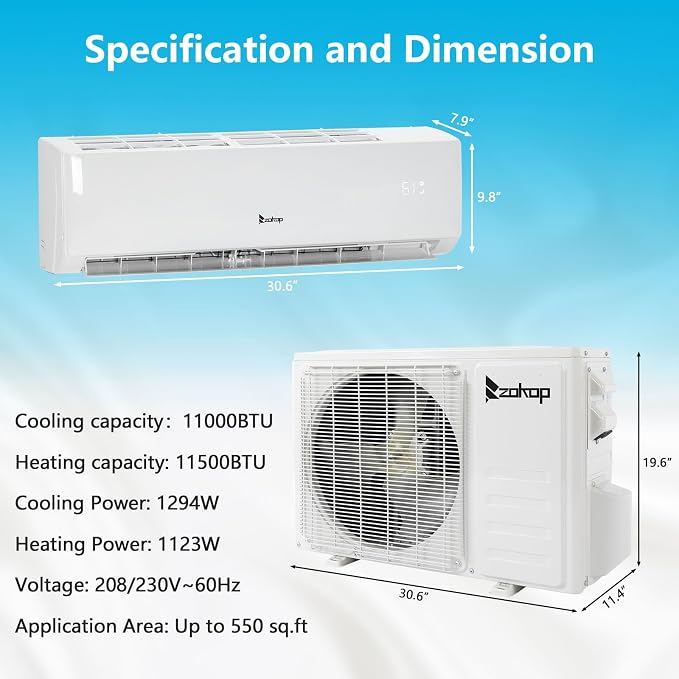 11,500 BTU Mini Split Air Conditioner Inverter, 17 SEER 230V Energy Saving Split-System AC w/Pre-Charged Condenser, Heat