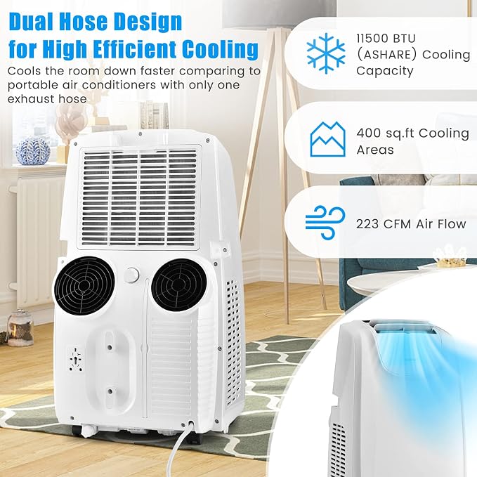 11,500 BTU Portable Air Conditioner, with Dual Hose, Remote Control, Powerful AC Unit Rooms up to 400 Sq.Ft. with