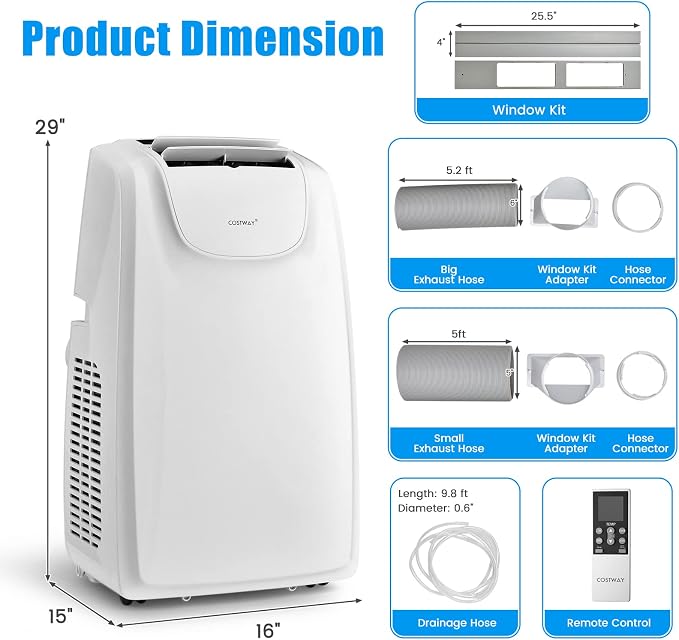 11,500 BTU Portable Air Conditioner, with Dual Hose, Remote Control, Powerful AC Unit Rooms up to 400 Sq.Ft. with