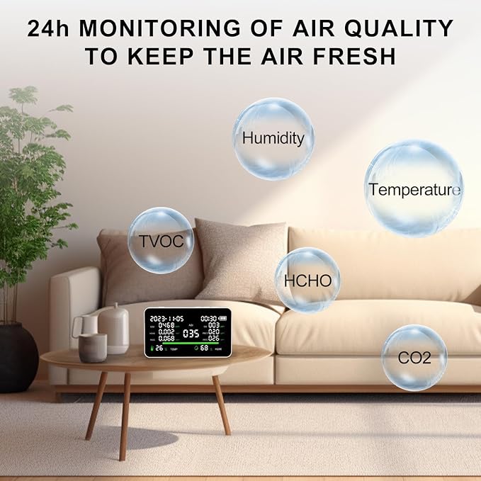 11-in-1 Air Quality Monitor, Indoor CO2/VOC/AQI/PM2.5/Thermometer/Humidity Monitor, Portable Smart Air Quality Meters, Air