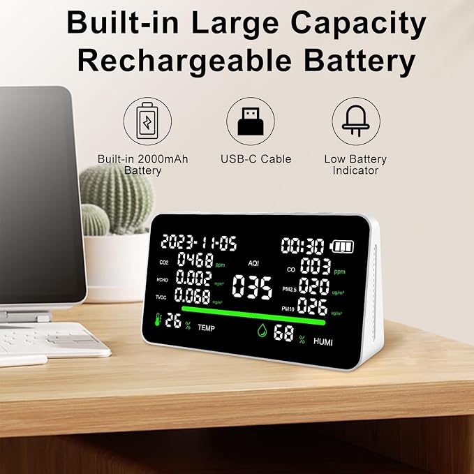 11-in-1 Air Quality Monitor, Indoor CO2/VOC/AQI/PM2.5/Thermometer/Humidity Monitor, Portable Smart Air Quality Meters, Air