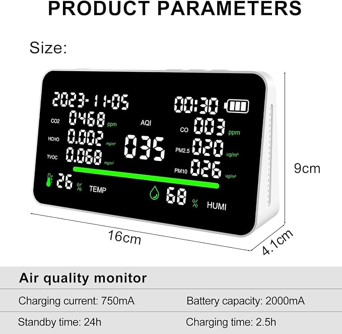 11-in-1 Air Quality Monitor, Indoor CO2/VOC/AQI/PM2.5/Thermometer/Humidity Monitor, Portable Smart Air Quality Meters, Air