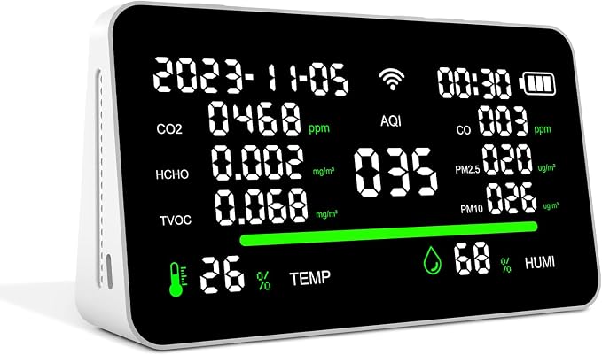 11-in-1 Air Quality Monitor, Indoor CO2/VOC/AQI/PM2.5/Thermometer/Humidity Monitor, Portable Smart Air Quality