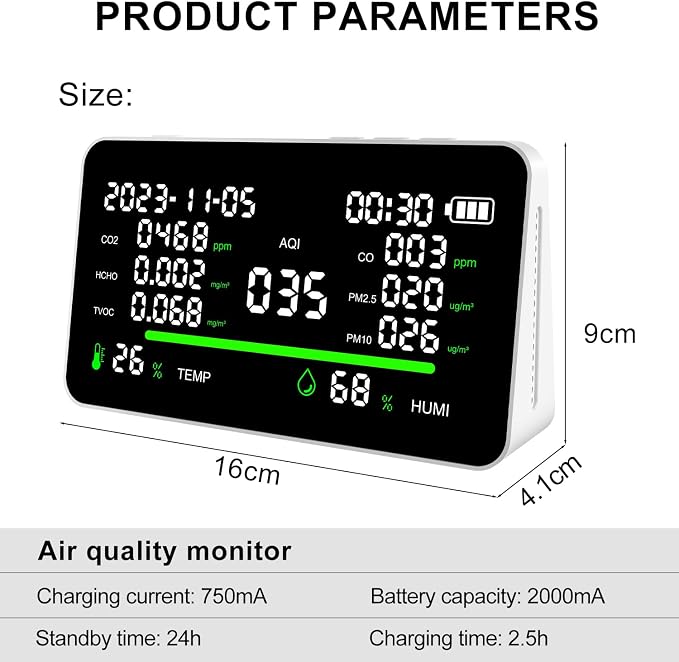 11-in-1 Air Quality Monitor, Indoor CO2/VOC/AQI/PM2.5/Thermometer/Humidity Monitor, Portable Smart Air Quality, alternate