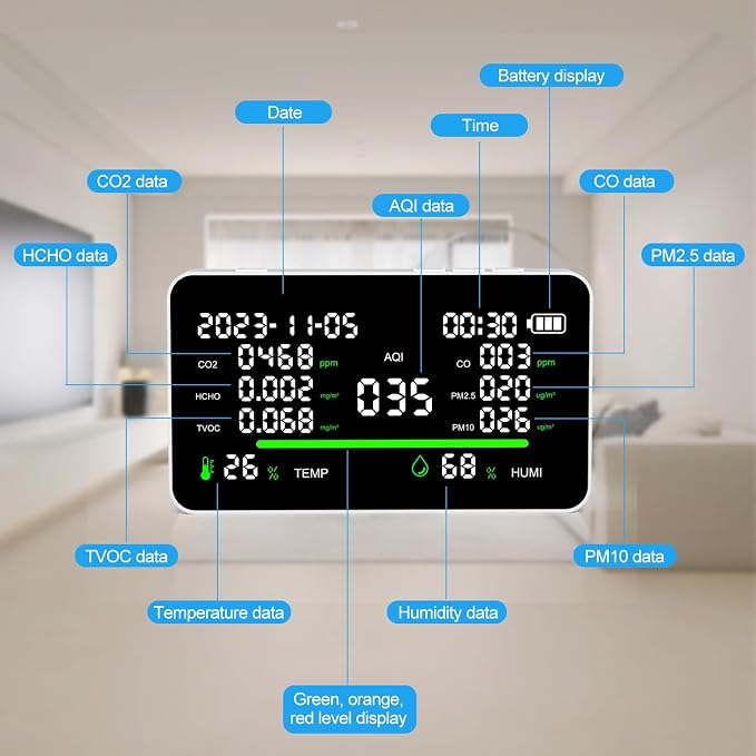 11-in-1 Air Quality Monitor, Indoor CO2/VOC/AQI/PM2.5/Thermometer/Humidity Monitor, Portable Smart Air Quality, alternate
