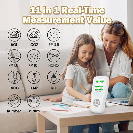 11-in-1 Air Quality Monitor - Portable Indoor Air Quality Detector with Stand, Real-Time Test for AQI, CO2, PM2.5, PM1.0