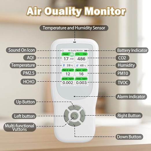 11-in-1 Air Quality Monitor - Portable Indoor Air Quality Detector with Stand, Real-Time Test for AQI, CO2, PM2.5, PM1.0