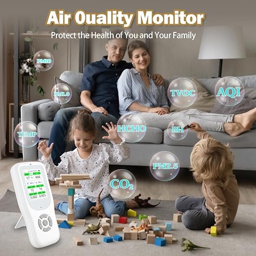 11-in-1 Air Quality Monitor - Portable Indoor Air Quality Detector with Stand, Real-Time Test for AQI, CO2, PM2.5, PM1.0