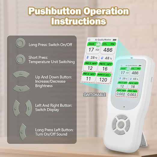 11-in-1 Air Quality Monitor - Portable Indoor Air Quality Detector with Stand, Real-Time Test for AQI, CO2, PM2.5, PM1.0
