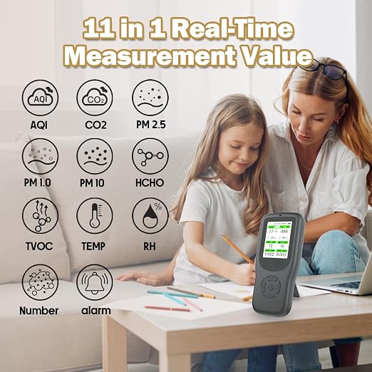 11-in-1 Air Quality Monitor - Portable Indoor Air Quality Detector with Stand, Real-Time Test for AQI, CO2, alternate view 2