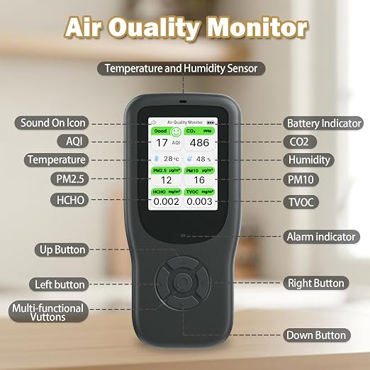 11-in-1 Air Quality Monitor - Portable Indoor Air Quality Detector with Stand, Real-Time Test for AQI, CO2, alternate view 5